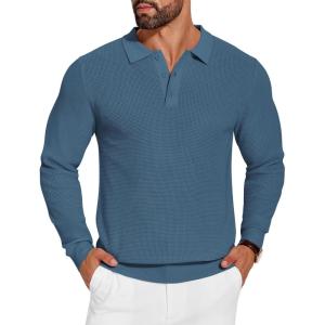imageCOOFANDY Mens Knit Polo Shirts Long Sleeve Sweater Casual Waffle Textured Collared Polo SweaterDenim Blue