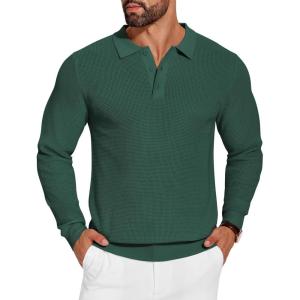 imageCOOFANDY Mens Knit Polo Shirts Long Sleeve Sweater Casual Waffle Textured Collared Polo SweaterDrak Green