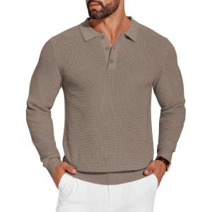 imageCOOFANDY Mens Knit Polo Shirts Long Sleeve Sweater Casual Waffle Textured Collared Polo SweaterGray Camel
