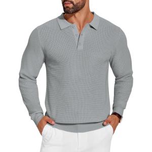 imageCOOFANDY Mens Knit Polo Shirts Long Sleeve Sweater Casual Waffle Textured Collared Polo SweaterGrey