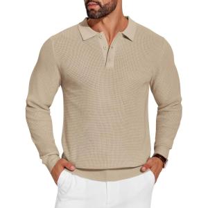 imageCOOFANDY Mens Knit Polo Shirts Long Sleeve Sweater Casual Waffle Textured Collared Polo SweaterKhaki