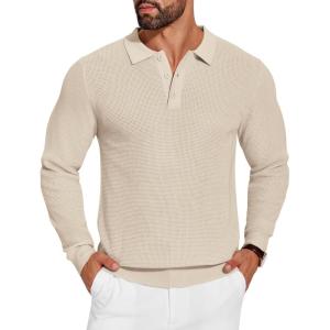 imageCOOFANDY Mens Knit Polo Shirts Long Sleeve Sweater Casual Waffle Textured Collared Polo SweaterLight Khaki