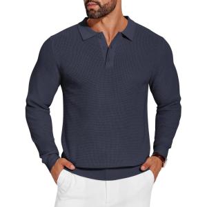 imageCOOFANDY Mens Knit Polo Shirts Long Sleeve Sweater Casual Waffle Textured Collared Polo SweaterNavy Blue