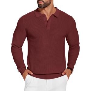 imageCOOFANDY Mens Knit Polo Shirts Long Sleeve Sweater Casual Waffle Textured Collared Polo SweaterWine Red