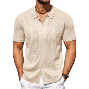 imageCOOFANDY Mens Knit Polo Shirts Short Sleeve Button Down Shirts Casual Crochet Shirt Summer Vintage PoloApricot