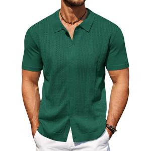 imageCOOFANDY Mens Knit Polo Shirts Short Sleeve Button Down Shirts Casual Crochet Shirt Summer Vintage PoloGreen