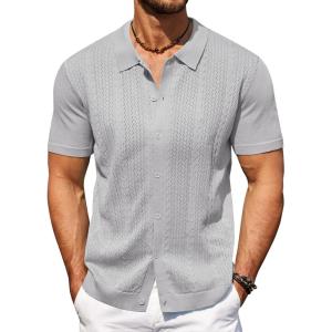 imageCOOFANDY Mens Knit Polo Shirts Short Sleeve Button Down Shirts Casual Crochet Shirt Summer Vintage PoloGrey