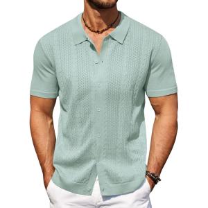 imageCOOFANDY Mens Knit Polo Shirts Short Sleeve Button Down Shirts Casual Crochet Shirt Summer Vintage PoloIce Green