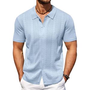 imageCOOFANDY Mens Knit Polo Shirts Short Sleeve Button Down Shirts Casual Crochet Shirt Summer Vintage PoloLight Blue