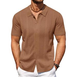 imageCOOFANDY Mens Knit Polo Shirts Short Sleeve Button Down Shirts Casual Crochet Shirt Summer Vintage PoloLight Brown
