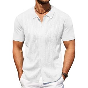 imageCOOFANDY Mens Knit Polo Shirts Short Sleeve Button Down Shirts Casual Crochet Shirt Summer Vintage PoloWhite
