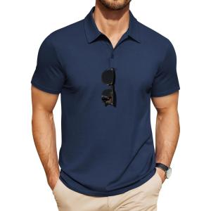 imageCOOFANDY Mens Polo Shirts Short Sleeve Pique Jersey Golf Shirt Casual Summer Collared TShirtsNavy Blue