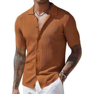 imageCOOFANDY Mens Short Sleeve Knit Shirts Casual Button Down Polo Shirt Fashion Summer Beach TopsBrown