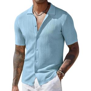 imageCOOFANDY Mens Short Sleeve Knit Shirts Casual Button Down Polo Shirt Fashion Summer Beach TopsLight Blue
