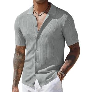 imageCOOFANDY Mens Short Sleeve Knit Shirts Casual Button Down Polo Shirt Fashion Summer Beach TopsLight Grey