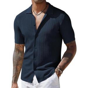 imageCOOFANDY Mens Short Sleeve Knit Shirts Casual Button Down Polo Shirt Fashion Summer Beach TopsNavy Blue