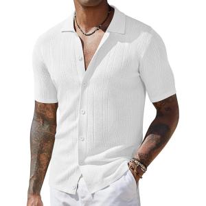 imageCOOFANDY Mens Short Sleeve Knit Shirts Casual Button Down Polo Shirt Fashion Summer Beach TopsWhite