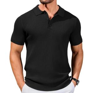 imageCOOFANDY Mens Slim Fit Knit Polo Shirts Business Lightweight Polo Sweater Casual Summer Ribbed Textured Collared T ShirtBlack