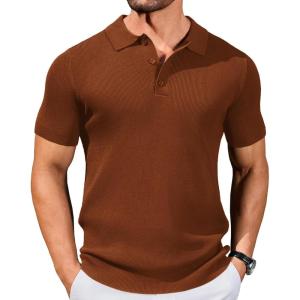 imageCOOFANDY Mens Slim Fit Knit Polo Shirts Business Lightweight Polo Sweater Casual Summer Ribbed Textured Collared T ShirtBrown