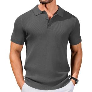 imageCOOFANDY Mens Slim Fit Knit Polo Shirts Business Lightweight Polo Sweater Casual Summer Ribbed Textured Collared T ShirtDark Grey