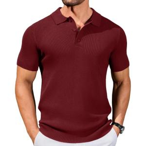 imageCOOFANDY Mens Slim Fit Knit Polo Shirts Business Lightweight Polo Sweater Casual Summer Ribbed Textured Collared T ShirtDark Red