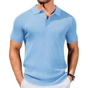 imageCOOFANDY Mens Slim Fit Knit Polo Shirts Business Lightweight Polo Sweater Casual Summer Ribbed Textured Collared T ShirtLight Blue