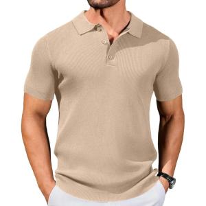 imageCOOFANDY Mens Slim Fit Knit Polo Shirts Business Lightweight Polo Sweater Casual Summer Ribbed Textured Collared T ShirtLight Coffee