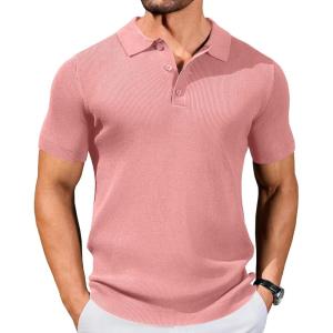 imageCOOFANDY Mens Slim Fit Knit Polo Shirts Business Lightweight Polo Sweater Casual Summer Ribbed Textured Collared T ShirtLight Pink