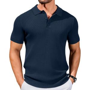 imageCOOFANDY Mens Slim Fit Knit Polo Shirts Business Lightweight Polo Sweater Casual Summer Ribbed Textured Collared T ShirtNavy Blue