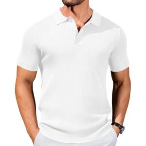 imageCOOFANDY Mens Slim Fit Knit Polo Shirts Business Lightweight Polo Sweater Casual Summer Ribbed Textured Collared T ShirtWhite