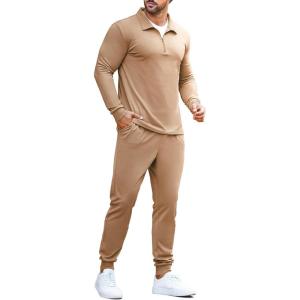 imageCOOFANDY Mens Tracksuit 2 Piece Quarter Zip Polo Athletic Sweatsuits Casual Running Jogging Sport Suit SetsKhaki