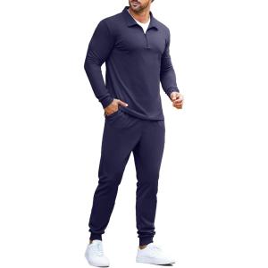 imageCOOFANDY Mens Tracksuit 2 Piece Quarter Zip Polo Athletic Sweatsuits Casual Running Jogging Sport Suit SetsNavy Blue