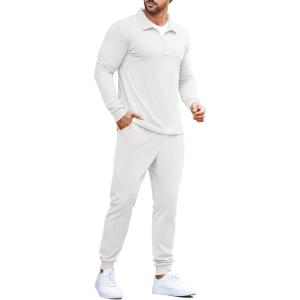 imageCOOFANDY Mens Tracksuit 2 Piece Quarter Zip Polo Athletic Sweatsuits Casual Running Jogging Sport Suit SetsWhite
