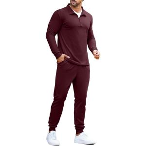 imageCOOFANDY Mens Tracksuit 2 Piece Quarter Zip Polo Athletic Sweatsuits Casual Running Jogging Sport Suit SetsWine Red