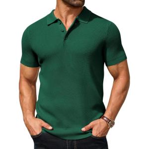 imageCOOFANDY Mens Knit Polo Shirts Short Sleeve Textured Golf Shirt Fashion Casual Collared Pullover TShirtsGreen