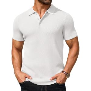 imageCOOFANDY Mens Knit Polo Shirts Short Sleeve Textured Golf Shirt Fashion Casual Collared Pullover TShirtsWhite