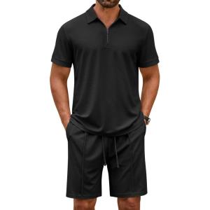 imageCOOFANDY Mens Track Suits 2 Piece Set Quarter Zip Polo Shirt and Shorts Set Summer Casual OutfitsBlack