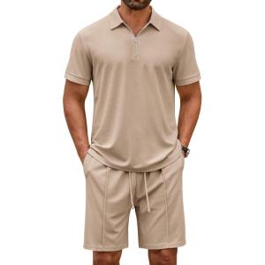 imageCOOFANDY Mens Track Suits 2 Piece Set Quarter Zip Polo Shirt and Shorts Set Summer Casual OutfitsKhaki