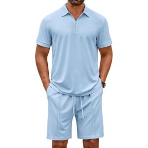 imageCOOFANDY Mens Track Suits 2 Piece Set Quarter Zip Polo Shirt and Shorts Set Summer Casual OutfitsLight Blue