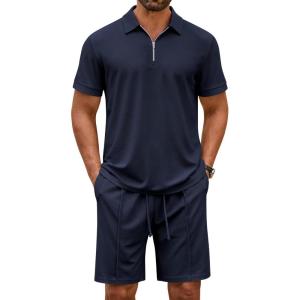 imageCOOFANDY Mens Track Suits 2 Piece Set Quarter Zip Polo Shirt and Shorts Set Summer Casual OutfitsNavy Blue