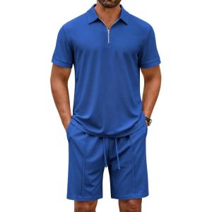 imageCOOFANDY Mens Track Suits 2 Piece Set Quarter Zip Polo Shirt and Shorts Set Summer Casual OutfitsRoyal Blue