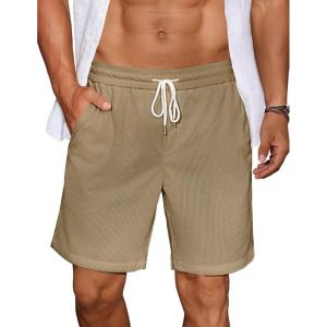 imageCOOFANDY Mens Casual Corduroy Shorts With Elastic Waist Drawstring Lightweight Summer Beach Shorts With PocketsKhaki