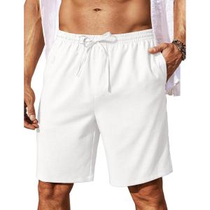 imageCOOFANDY Mens Linen Shorts 9quot Elastic Waist Drawstring Casual Shorts Lightweight Summer Beach ShortsAwhite