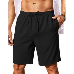 imageCOOFANDY Mens Linen Shorts 9quot Elastic Waist Drawstring Casual Shorts Lightweight Summer Beach ShortsBlack