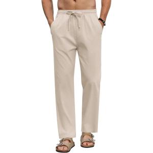 imageCOOFANDY Mens Linen Casual Pants Elastic Waist Beach Pants Lightweight Drawstring Summer Yoga PantsKhaki