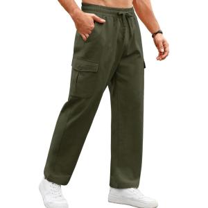 imageCOOFANDY Mens Casual Cargo Pants Relaxed Fit Outdoor Hiking Pants Cotton Drawstring Sweatpants with PocketsArmy Green