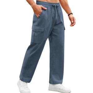imageCOOFANDY Mens Casual Cargo Pants Relaxed Fit Outdoor Hiking Pants Cotton Drawstring Sweatpants with PocketsBlue