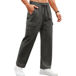 imageCOOFANDY Mens Casual Cargo Pants Relaxed Fit Outdoor Hiking Pants Cotton Drawstring Sweatpants with PocketsDark Gray