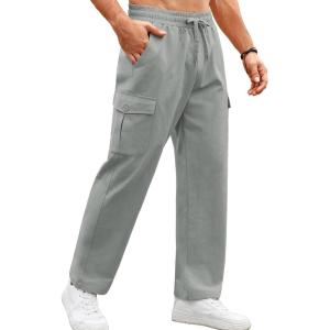 imageCOOFANDY Mens Casual Cargo Pants Relaxed Fit Outdoor Hiking Pants Cotton Drawstring Sweatpants with PocketsLight Grey