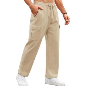 imageCOOFANDY Mens Casual Cargo Pants Relaxed Fit Outdoor Hiking Pants Cotton Drawstring Sweatpants with PocketsLight Khaki